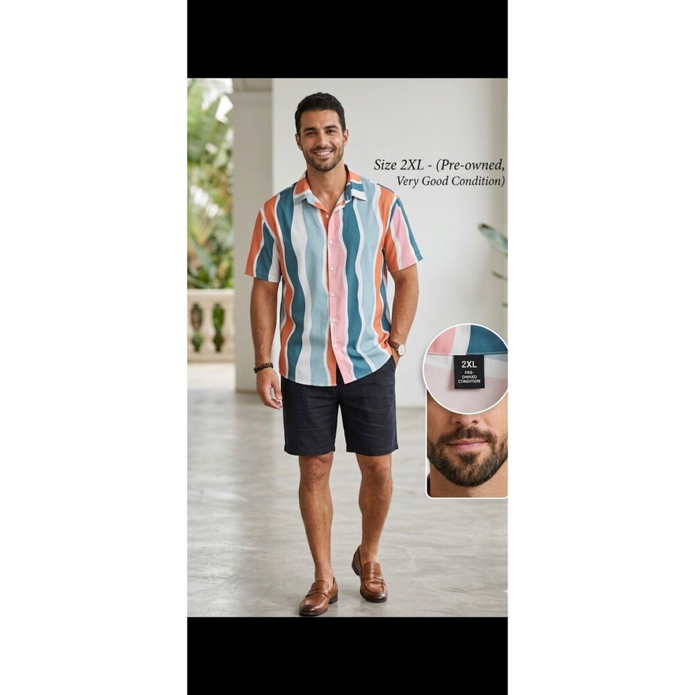 Men's Coofandy Short Sleeve Button Down Shirt - Wavy Vertical Stripes - Size XXL